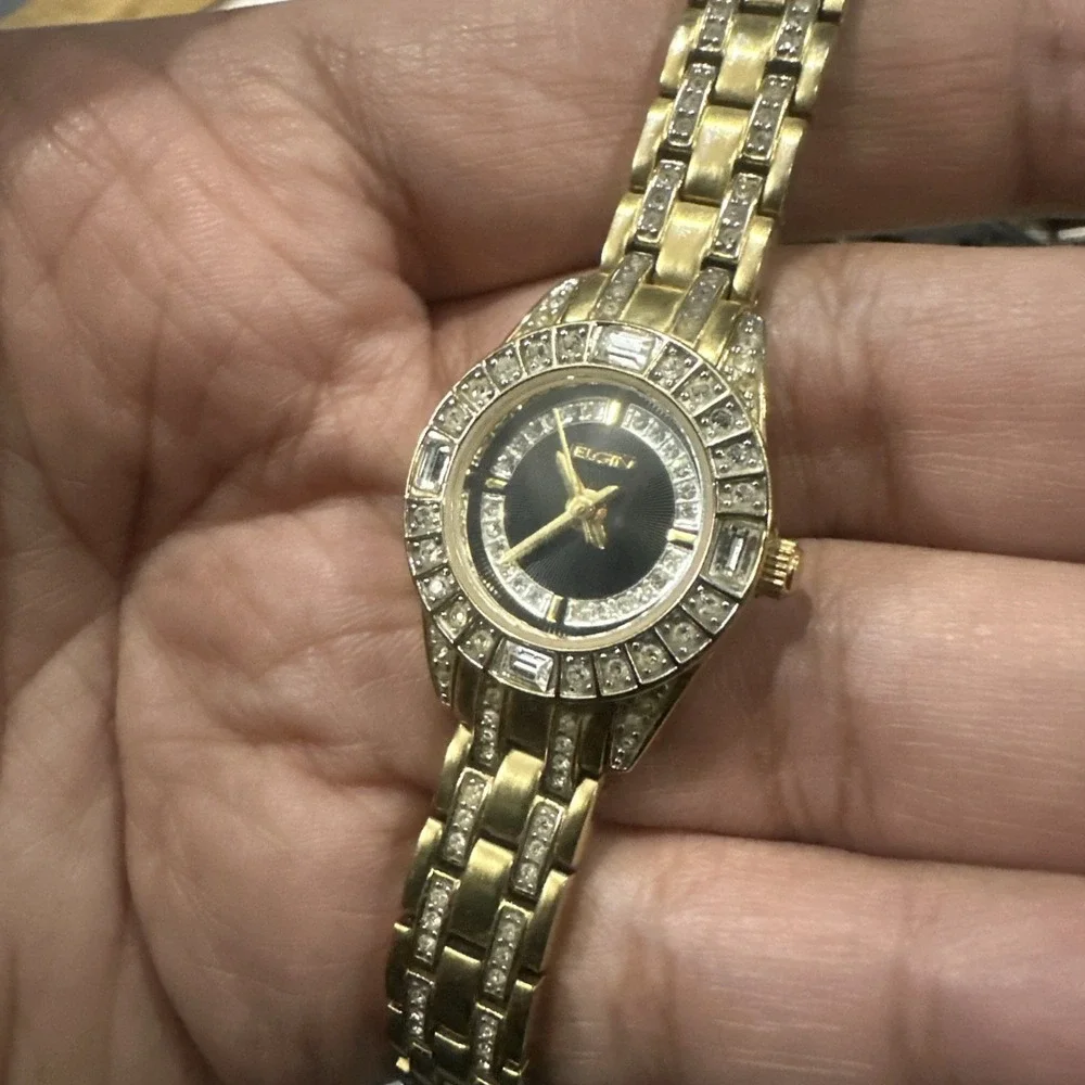 Working Vintage Elgin Dainty Ladies Gold Tone Crystals Watch 22mm Fit 5.5in